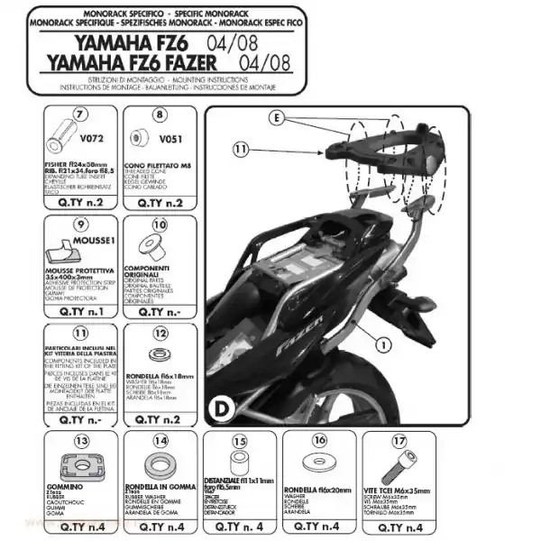 KAPPA STELAŻ KUFRA CENTRALNEGO YAMAHA FZ6 / FZS 600 FAZER (04-06), FZ6 S2 / FZ6 600 FAZER S2 (07-11) ( BEZ PŁYTY ) - PATRZ OPIS DODATKOWY Rabat