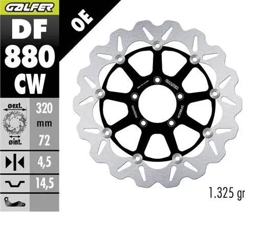 GALFER TARCZA HAMULCOWA PRZÓD DUCATI 749/848/899/959/999 ‘03-; MONSTER 1100 ‘09; PANIGALE V2 955 ‘21- (WAVE FLOATING) (320X72X4,5MM) Do wyczerpania zapasów