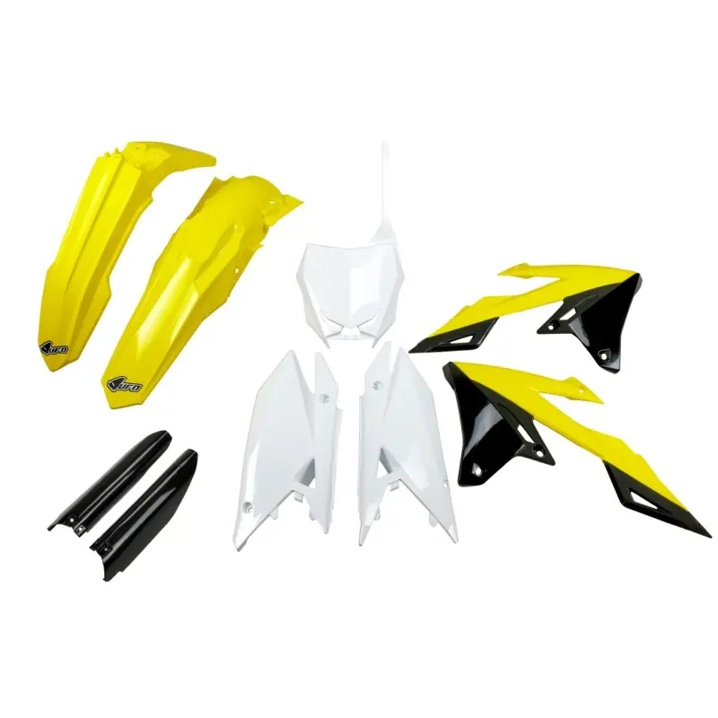 UFO KOMPLET PLASTIKÓW (FULL KIT) Z OSŁONAMI TELESKOPÓW (AMORTYZATORÓW) SUZUKI RMZ 250 ‘19- ‘25, RMZ 450 ‘18- ‘25 KOLOR OEM ( Ż Nowość