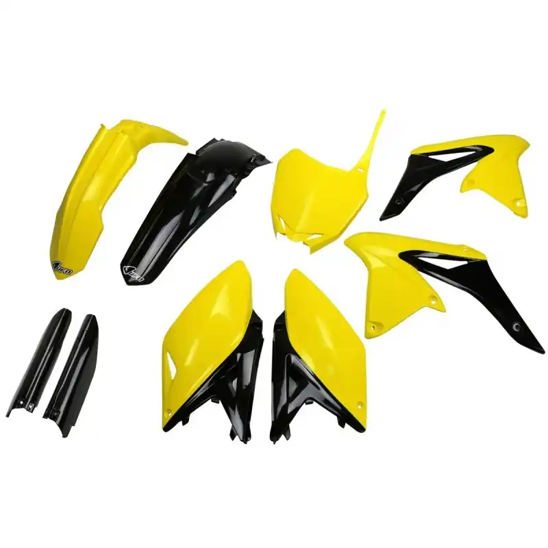 UFO KOMPLET PLASTIKÓW (FULL KIT) Z OSŁONAMI TELESKOPÓW (AMORTYZATORÓW) SUZUKI RMZ 250 ‘10- ‘18 KOLOR OEM ‘14- ‘16 (ŻÓŁTY/CZARN Obniżka ceny