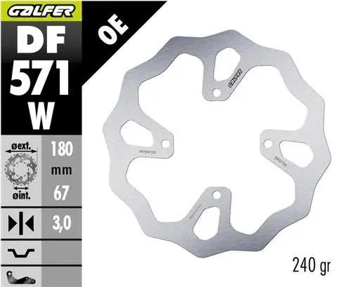 GALFER TARCZA HAMULCOWA TYŁ KTM 65 SX ‘25-, HUSQVARNA TC 65 ‘25-, GAS GAS MC 65 ‘25- (180X67X3) WAVE Wyjątkowa oferta