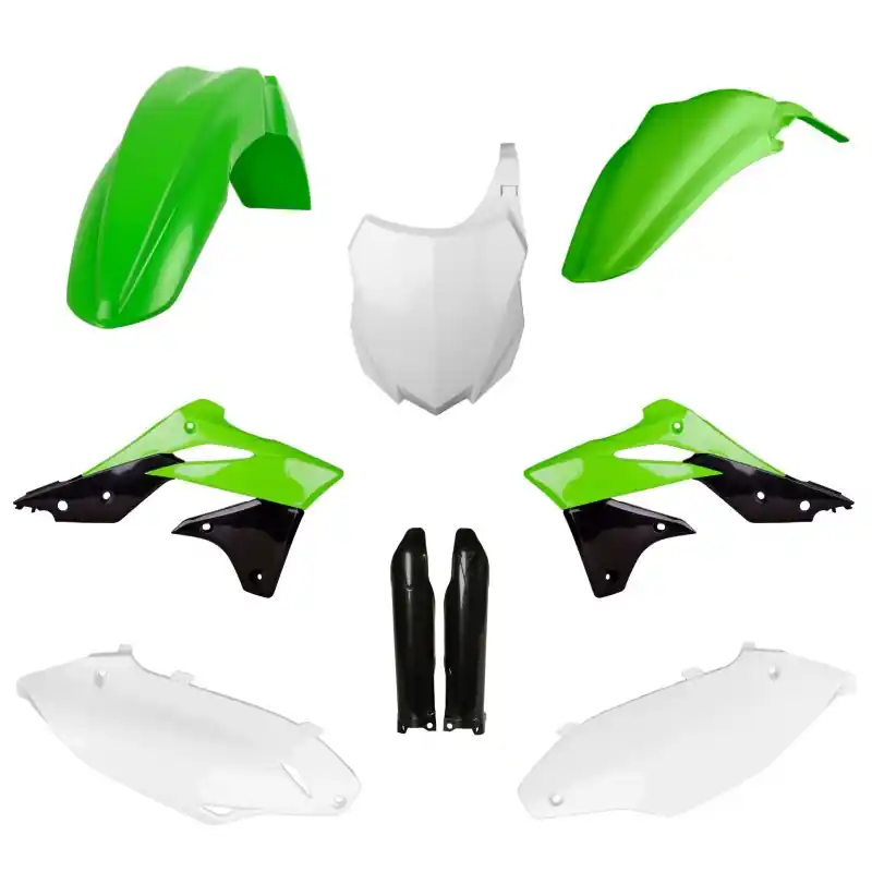 Szybka dostawa POLISPORT KOMPLET PLASTIKÓW (FULL KIT) KAWASAKI KX 250F ‘13-‘16 W ZESTAWIE TABLICA PRZEDNIA (8659200003) I OSŁONY AMORTYZARORÓW (8351800002) KOLOR ZIELONY BIAŁY CZARNY OEM