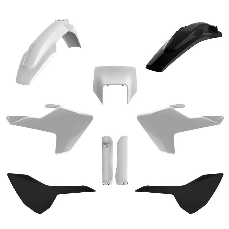 POLISPORT KOMPLET PLASTIKÓW (FULL KIT) HUSQVARNA TE/FE TPI ‘17-‘19 W ZESTAWIE TABLICA PRZEDNIA (8666900001) I OSŁONY AMORTYZARORÓW (8398900001) KOLOR CZARNY BIAŁY Bezpieczna płatność