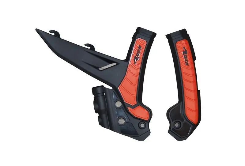 RACETECH (RTECH) 2025/12 OSŁONY RAMY (KOMPLET) BI-MATERIAL SUPER GRIP KTM EXC / EXCF 150 / 250 / 300 / 450 / 500 ‘24, SX 250 / 300 ‘23-24, SXF 250 / 350 / 450 ‘23-24, XC / XCF 125 / 250 / 300 / 350 / 450 ‘23-24 KOLOR CZARNY / POMARAŃCZOWY Nowy