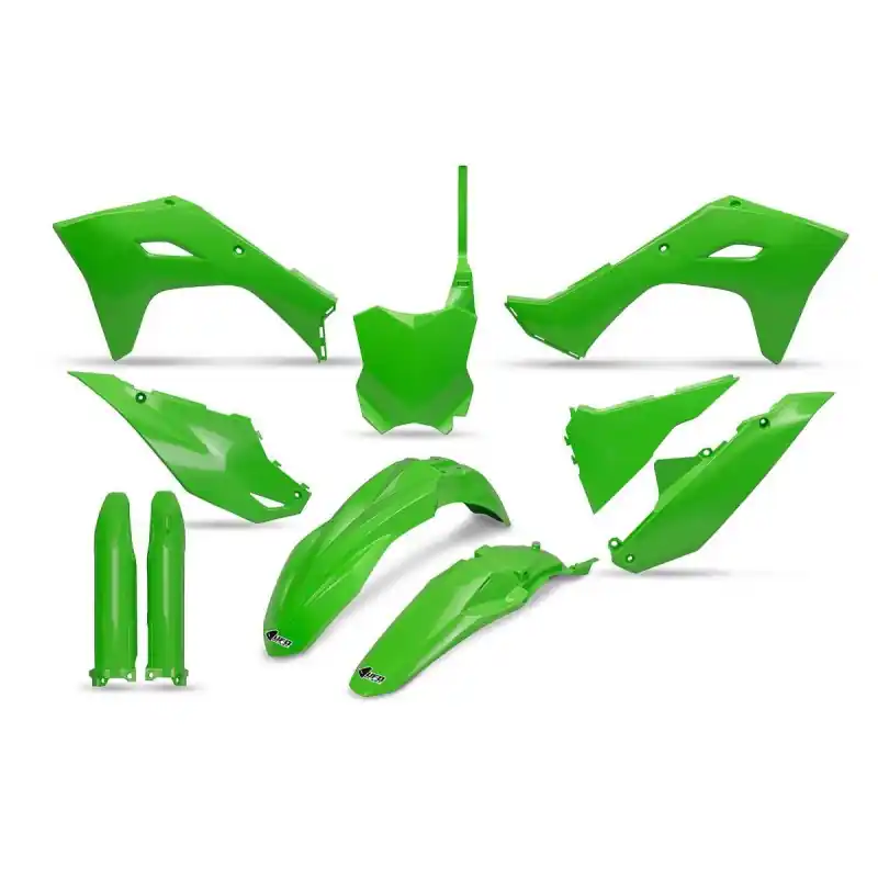 Wysoka jakość UFO KOMPLET PLASTIKÓW (FULL KIT) Z OSŁONAMI TELESKOPÓW (AMORTYZATORÓW) KAWASAKI KXF 250 ‘25, KXF 450 ‘24- ‘26, KX 450X ‘24- ‘