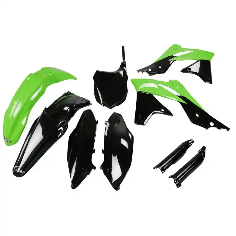 Bestseller UFO KOMPLET PLASTIKÓW (FULL KIT) Z OSŁONAMI TELESKOPÓW (AMORTYZATORÓW) KAWASAKI KXF 250 ‘13- ‘16, KOLOR OEM ‘13, (ZIELONY/CZAR